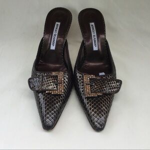 Manolo Blahnik Snakeskin Rhinestone Buckle Heels - 39.5